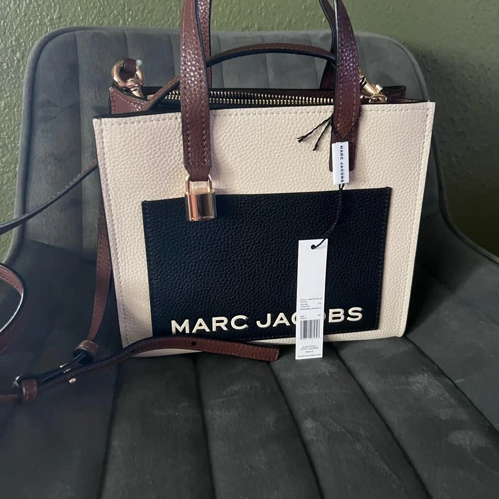 Marc Jacobs Two-Tone Pebbled Leather Satchel in Cream, Black & Brown